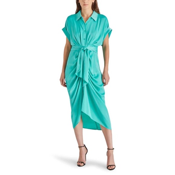 Steve Madden Dresses & Skirts - Steve Madden Midi Dress Women Size 2 Teal Tie Waist Draped Satin Shirt Dress